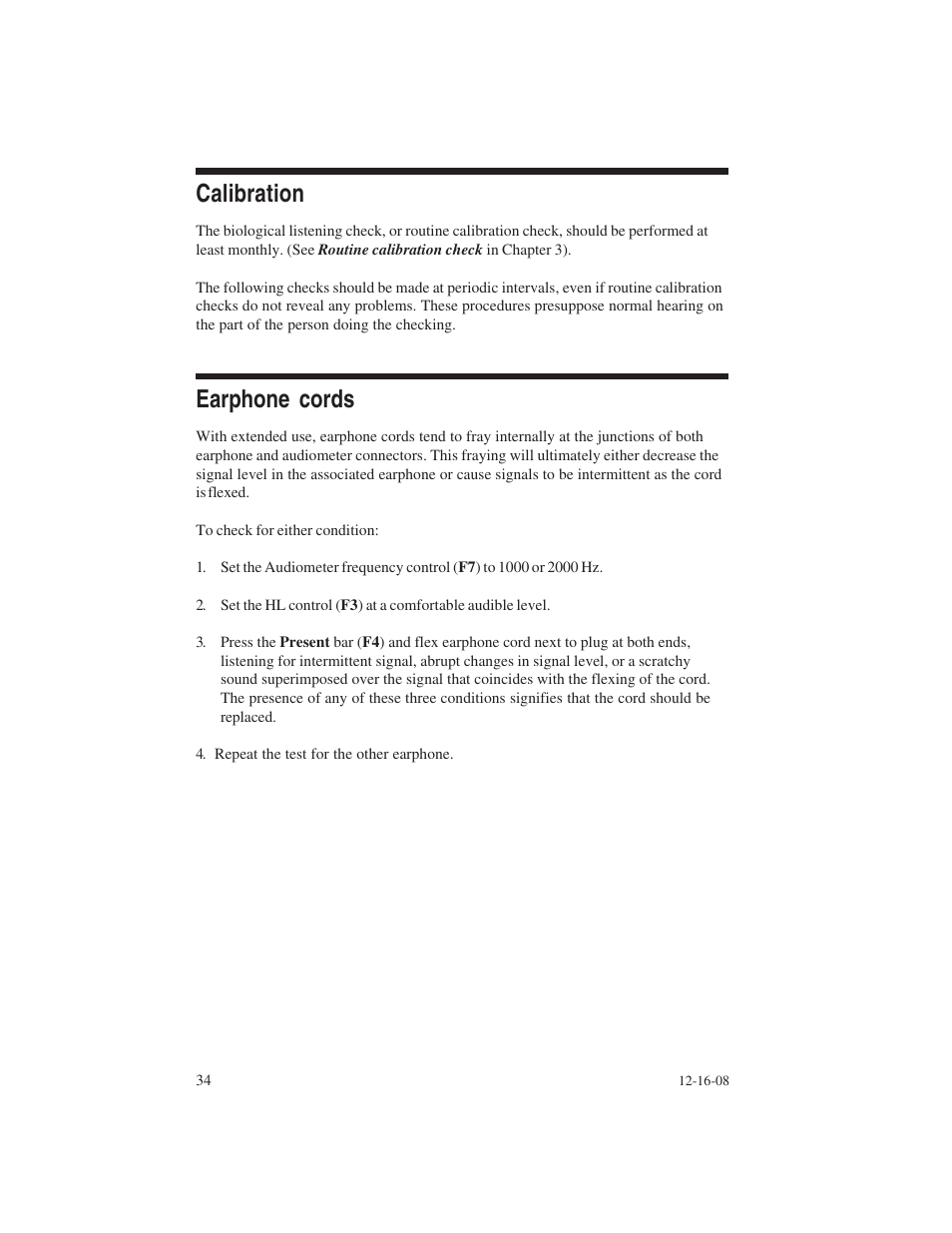 Calibration, Earphone cords | Welch Allyn AM 232 Manual Audiometer - User Manual User Manual | Page 34 / 38