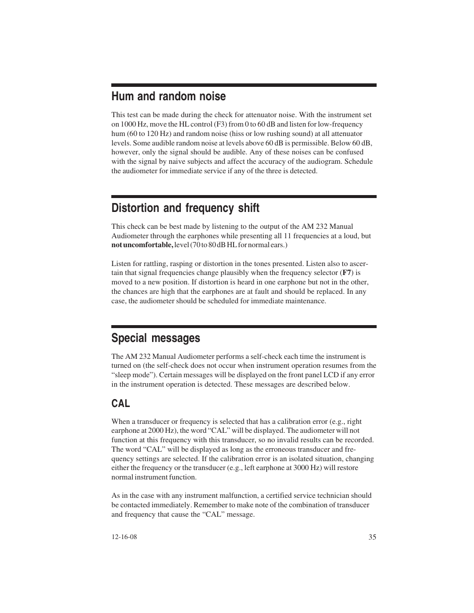 Hum and random noise, Distortion and frequency shift, Special messages | Welch Allyn AM 232 Manual Audiometer - User Manual User Manual | Page 35 / 38