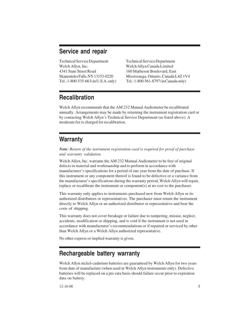 Service and repair, Recalibration, Warranty | Rechargeable battery warranty | Welch Allyn AM 232 Manual Audiometer - User Manual User Manual | Page 5 / 38
