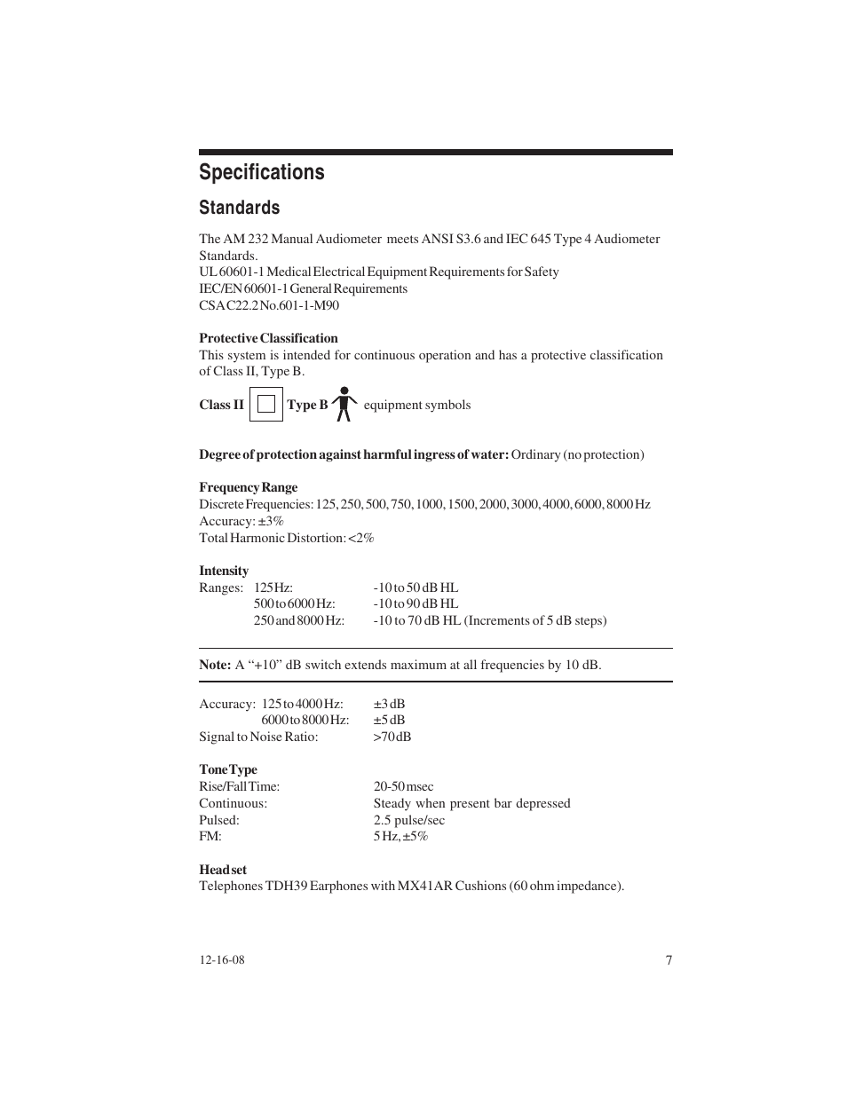 Specifications, Standards | Welch Allyn AM 232 Manual Audiometer - User Manual User Manual | Page 7 / 38