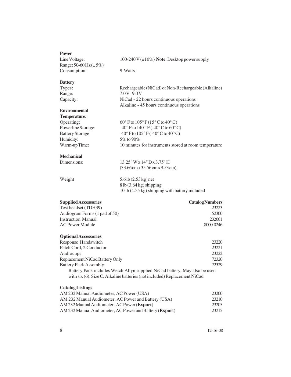 Welch Allyn AM 232 Manual Audiometer - User Manual User Manual | Page 8 / 38