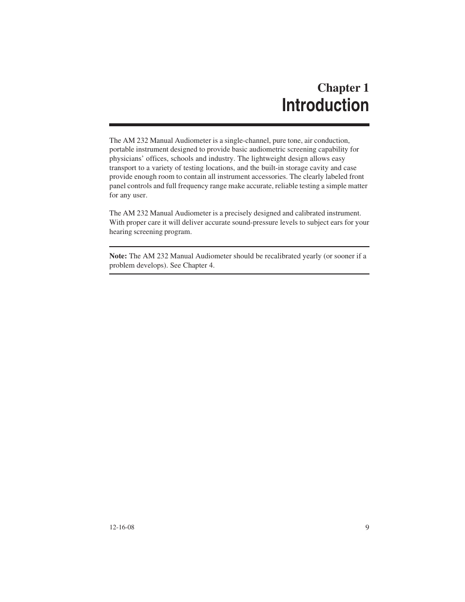 Introduction, Chapter 1 | Welch Allyn AM 232 Manual Audiometer - User Manual User Manual | Page 9 / 38