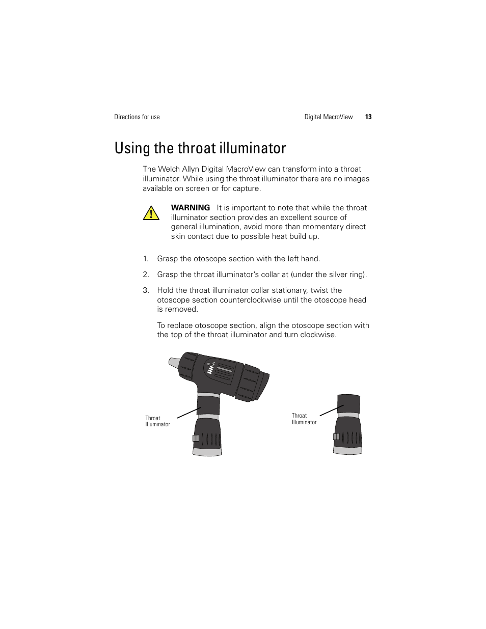 Using the throat illuminator | Welch Allyn Digital MacroView Otoscope - User Manual User Manual | Page 19 / 32