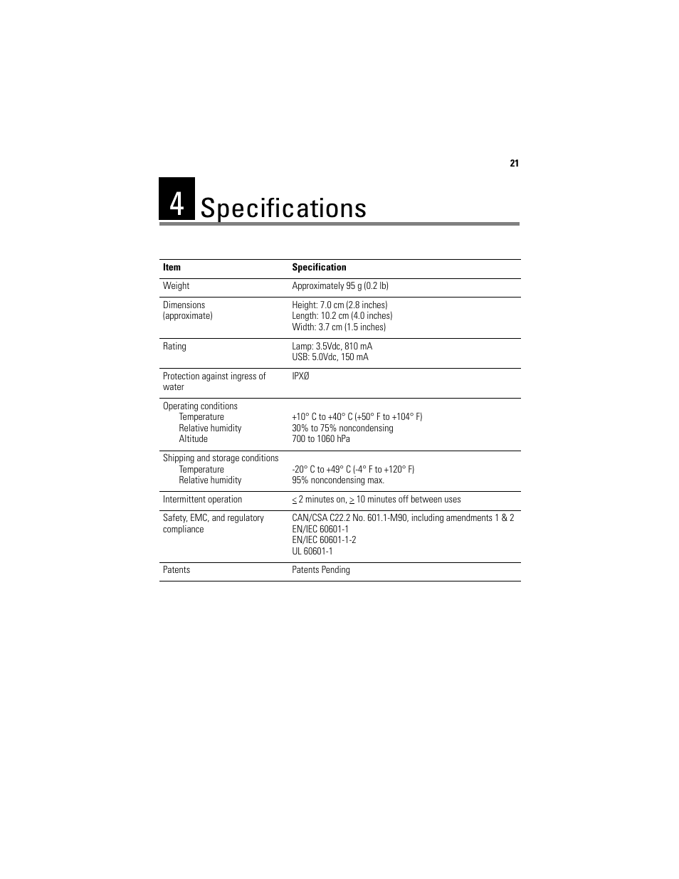 Specifications | Welch Allyn Digital MacroView Otoscope - User Manual User Manual | Page 27 / 32