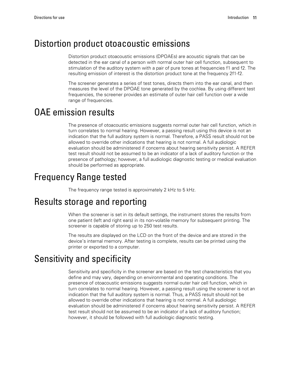 Distortion product otoacoustic emissions, Oae emission results, Frequency range tested | Results storage and reporting, Sensitivity and specificity | Welch Allyn OAE Hearing Screener - User Manual User Manual | Page 15 / 62