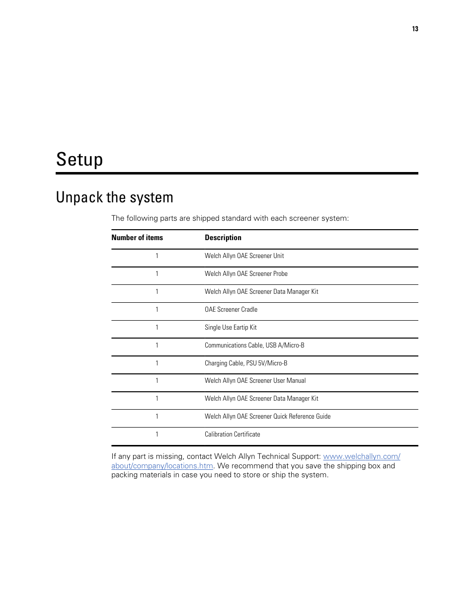 Setup, Unpack the system | Welch Allyn OAE Hearing Screener - User Manual User Manual | Page 17 / 62