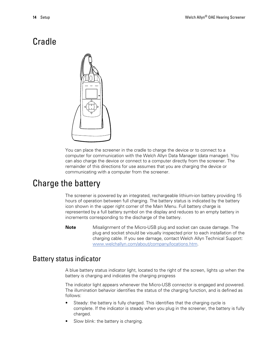 Cradle, Charge the battery, Battery status indicator | Welch Allyn OAE Hearing Screener - User Manual User Manual | Page 18 / 62