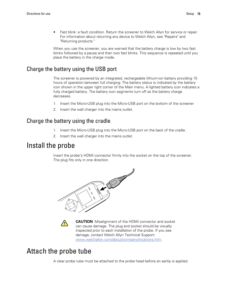 Charge the battery using the usb port, Charge the battery using the cradle, Install the probe | Attach the probe tube | Welch Allyn OAE Hearing Screener - User Manual User Manual | Page 19 / 62