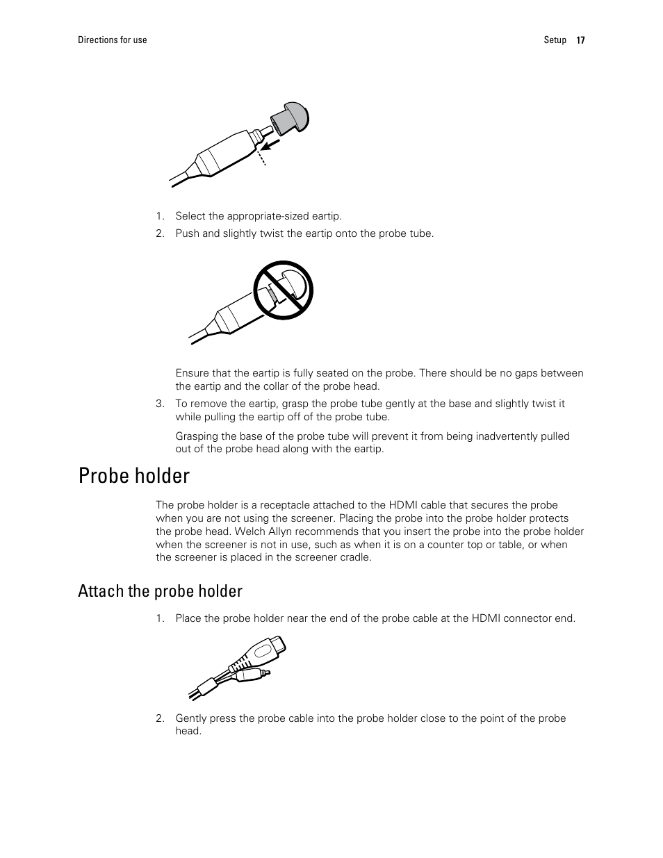 Probe holder, Attach the probe holder | Welch Allyn OAE Hearing Screener - User Manual User Manual | Page 21 / 62