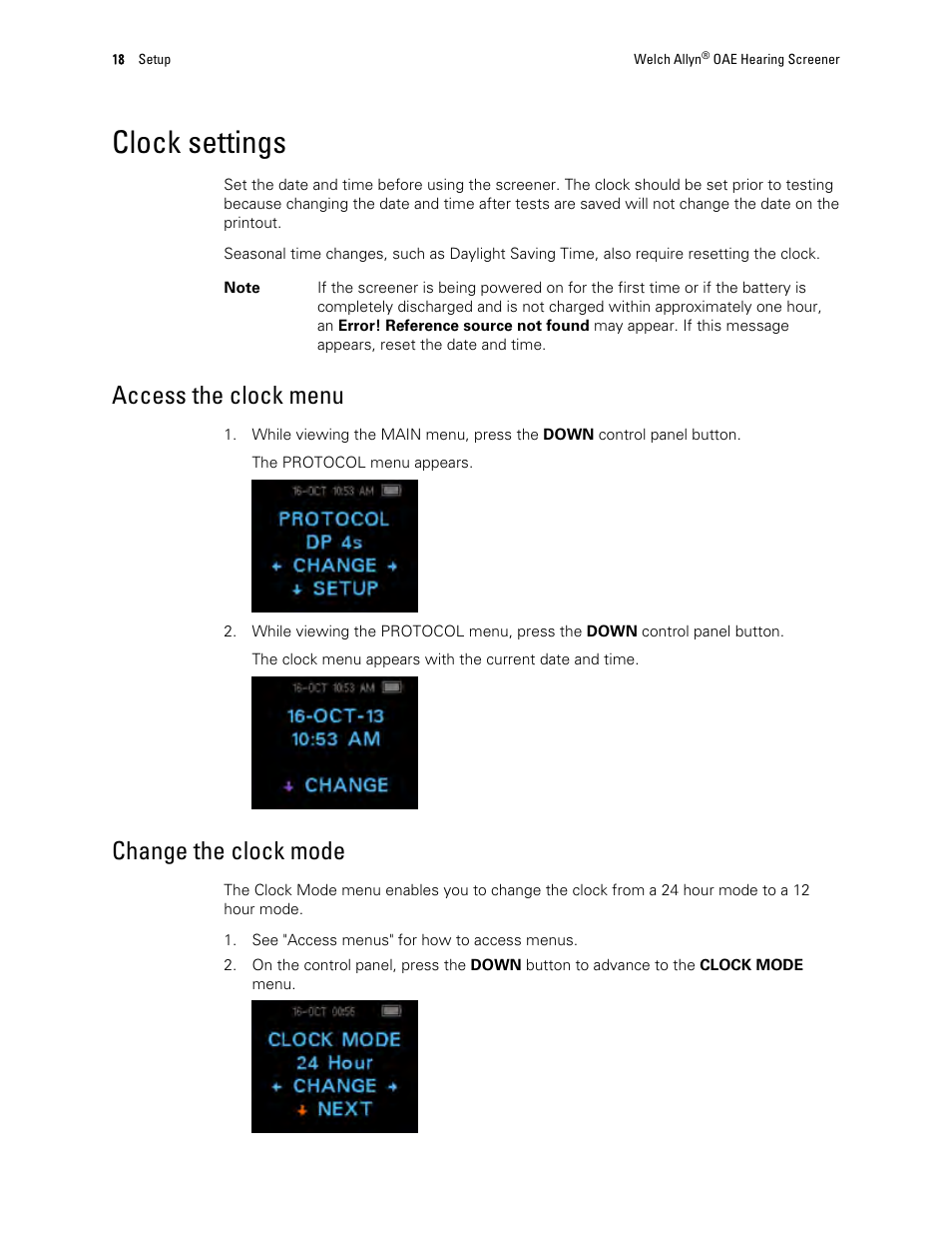 Clock settings, Access the clock menu, Change the clock mode | Welch Allyn OAE Hearing Screener - User Manual User Manual | Page 22 / 62