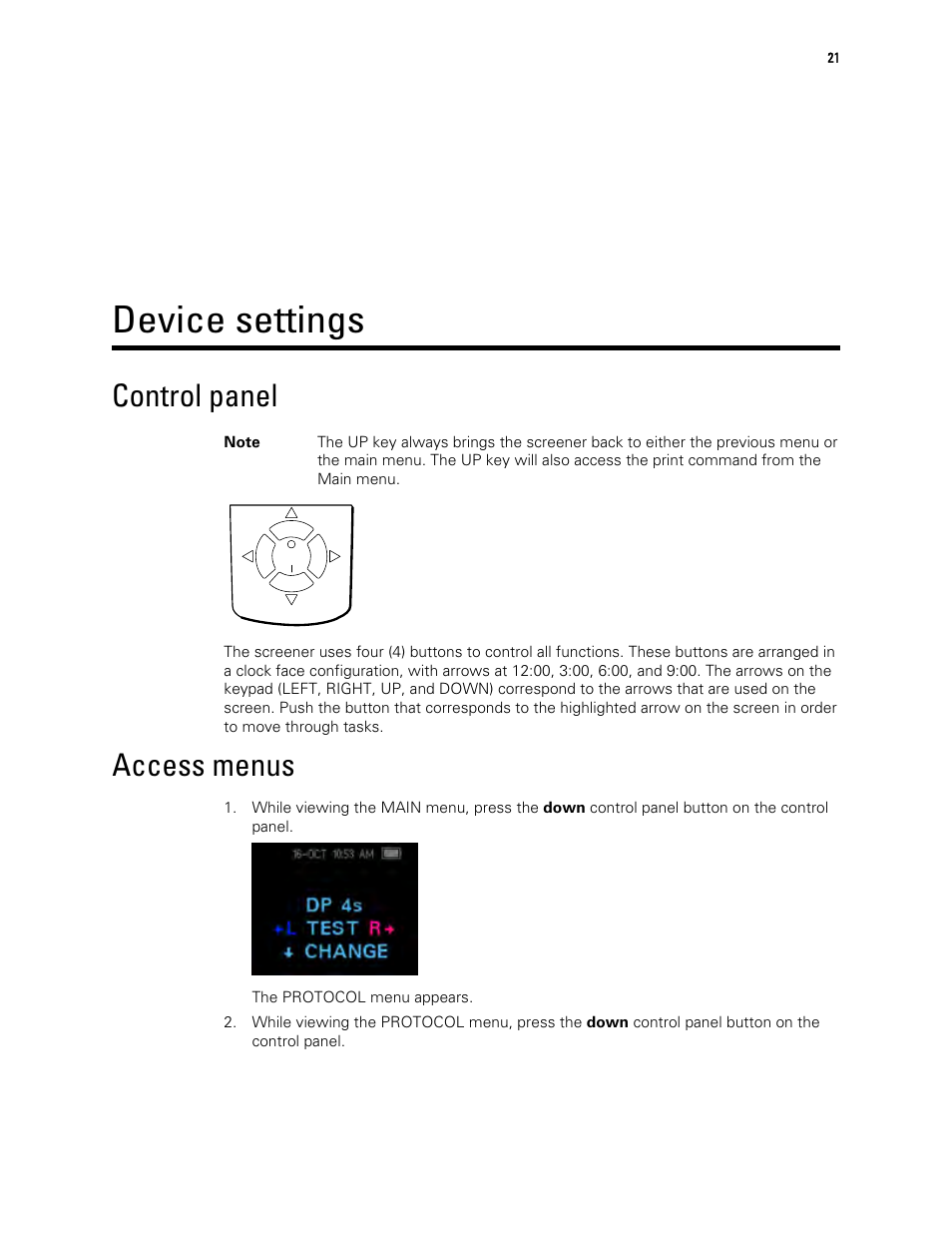 Device settings, Control panel, Access menus | Welch Allyn OAE Hearing Screener - User Manual User Manual | Page 25 / 62