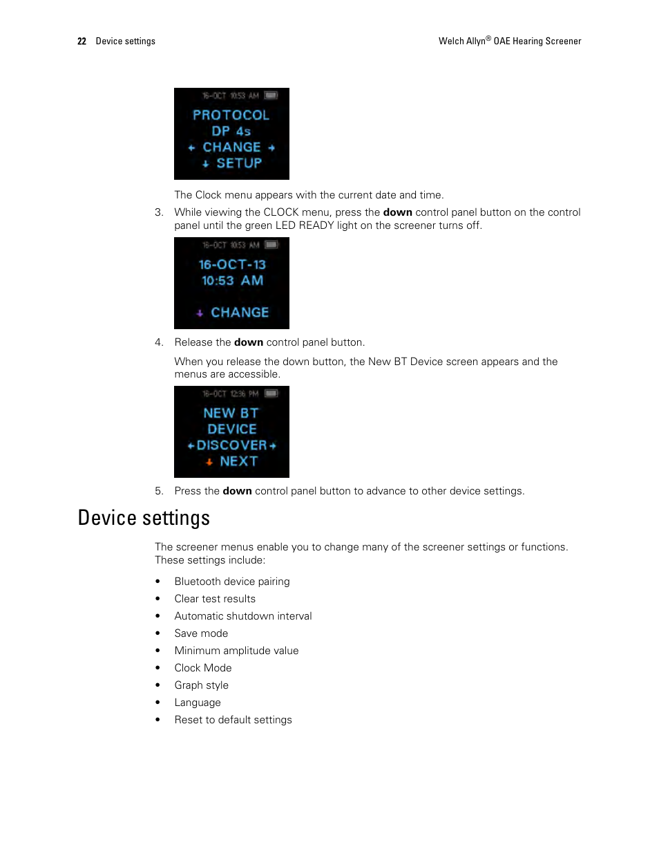 Device settings | Welch Allyn OAE Hearing Screener - User Manual User Manual | Page 26 / 62