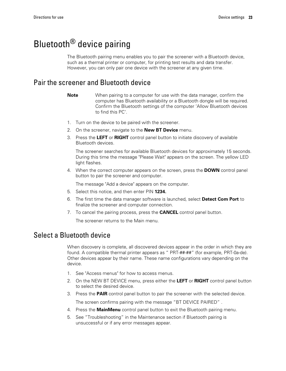 Bluetooth® device pairing, Pair the screener and bluetooth device, Select a bluetooth device | Bluetooth, Device pairing | Welch Allyn OAE Hearing Screener - User Manual User Manual | Page 27 / 62