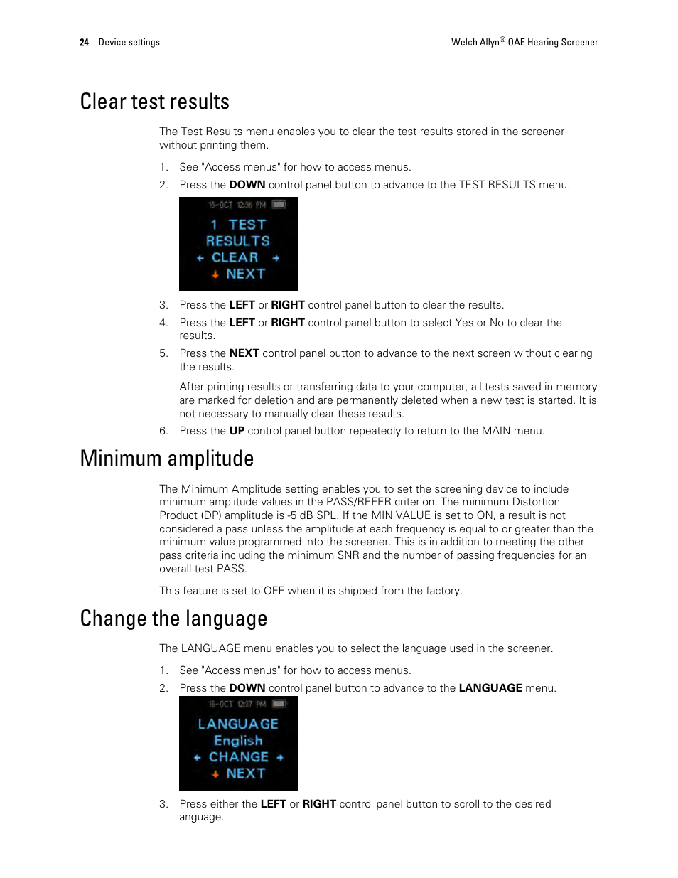 Clear test results, Minimum amplitude, Change the language | Welch Allyn OAE Hearing Screener - User Manual User Manual | Page 28 / 62