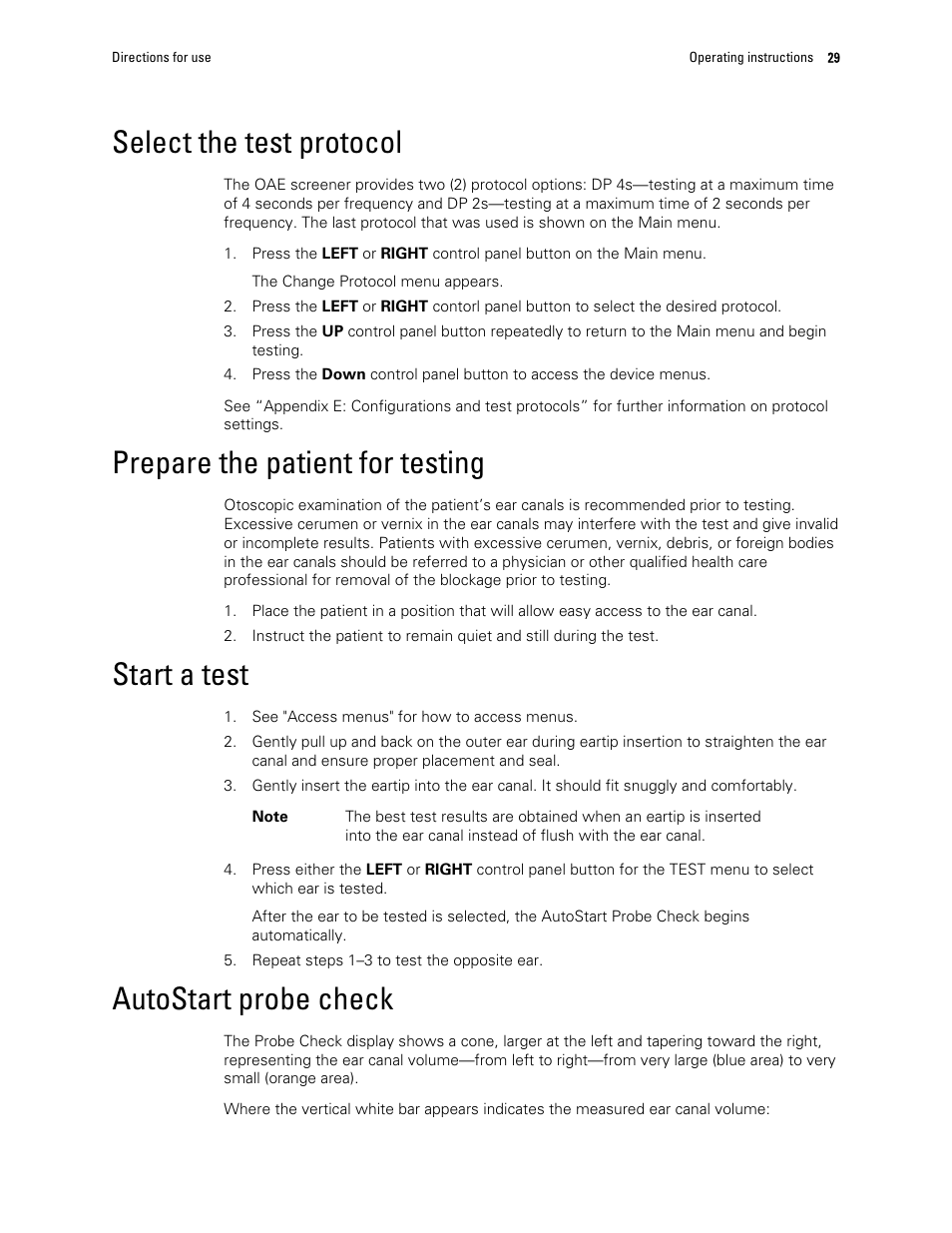 Select the test protocol, Prepare the patient for testing, Start a test | Autostart probe check | Welch Allyn OAE Hearing Screener - User Manual User Manual | Page 33 / 62