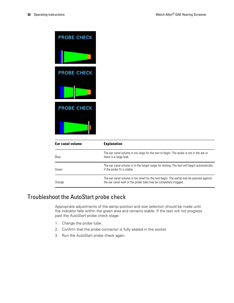 Troubleshoot the autostart probe check | Welch Allyn OAE Hearing Screener - User Manual User Manual | Page 34 / 62
