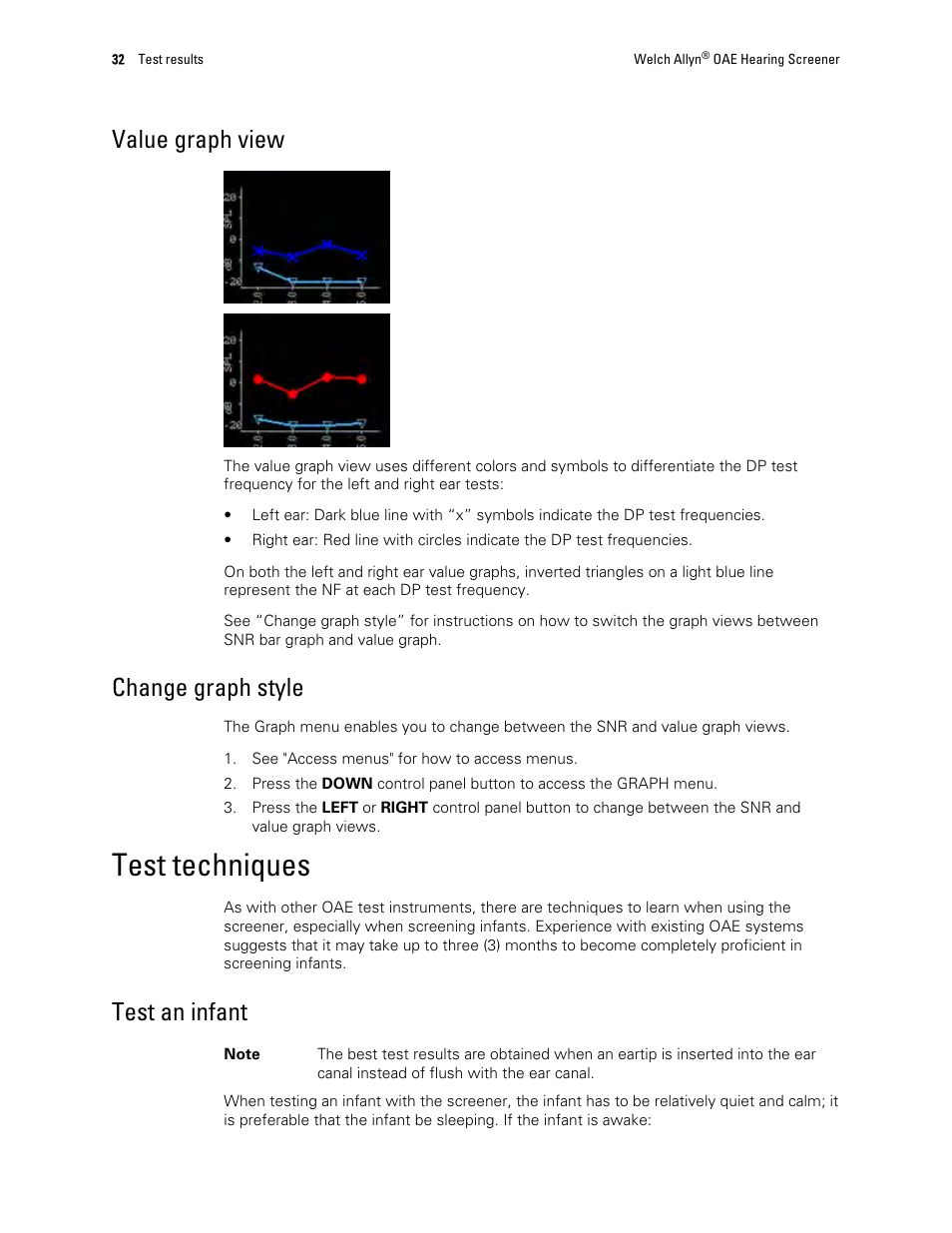 Value graph view, Change graph style, Test techniques | Test an infant | Welch Allyn OAE Hearing Screener - User Manual User Manual | Page 36 / 62