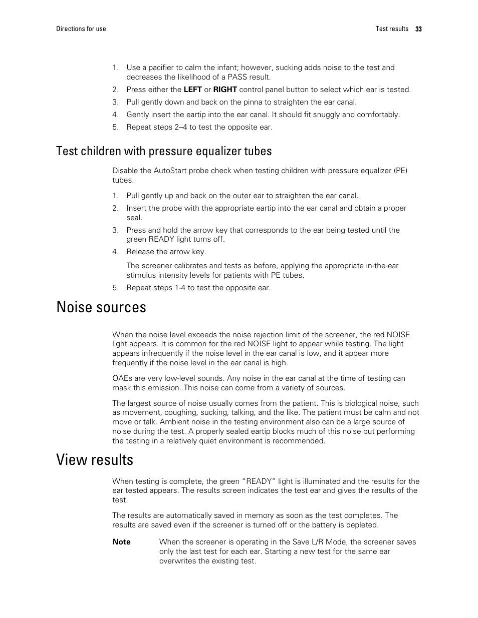 Test children with pressure equalizer tubes, Noise sources, View results | Welch Allyn OAE Hearing Screener - User Manual User Manual | Page 37 / 62