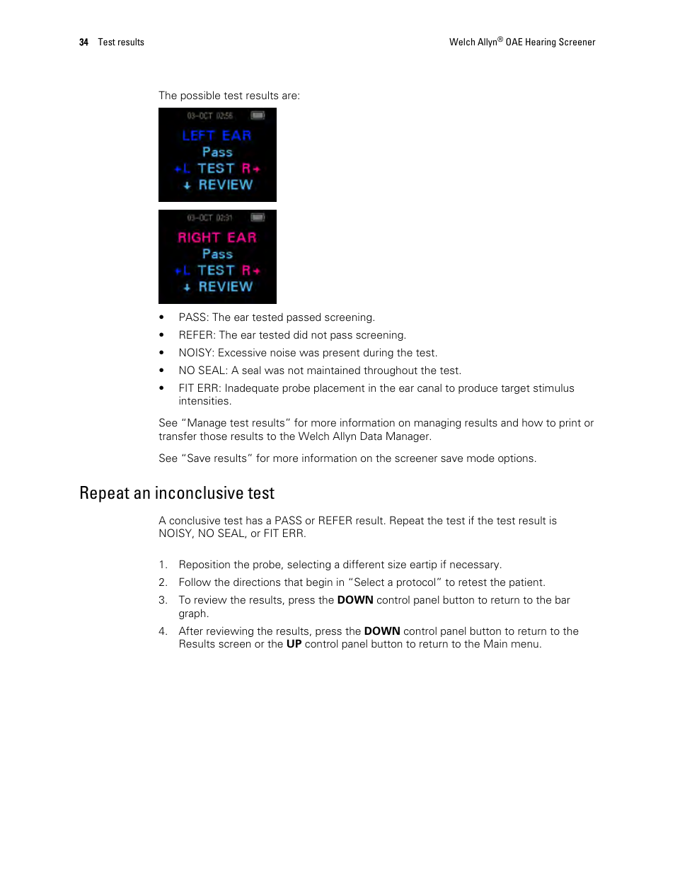 Repeat an inconclusive test | Welch Allyn OAE Hearing Screener - User Manual User Manual | Page 38 / 62