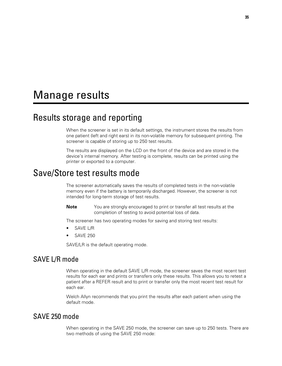 Manage results, Results storage and reporting, Save/store test results mode | Save l/r mode, Save 250 mode | Welch Allyn OAE Hearing Screener - User Manual User Manual | Page 39 / 62