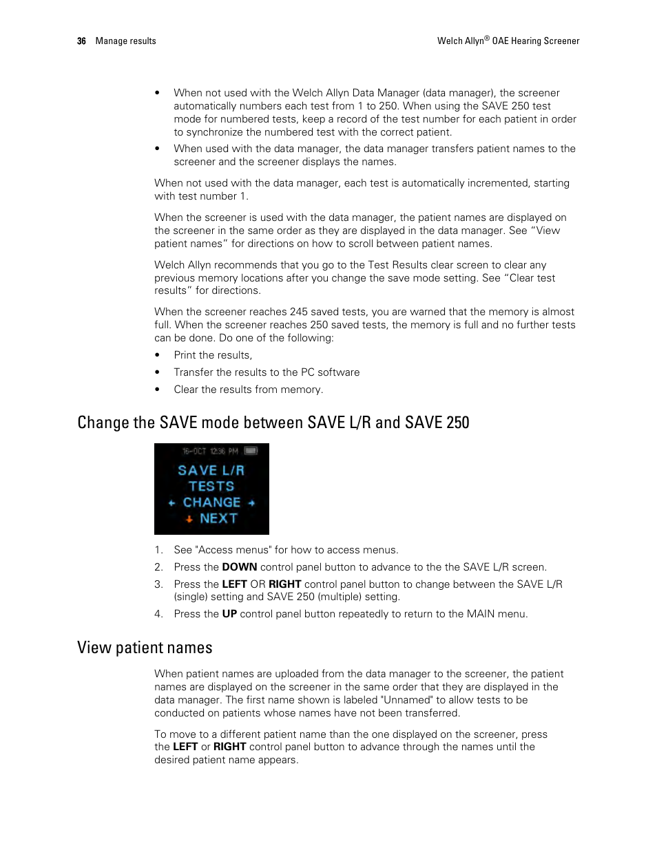 Change the save mode between save l/r and save 250, View patient names | Welch Allyn OAE Hearing Screener - User Manual User Manual | Page 40 / 62