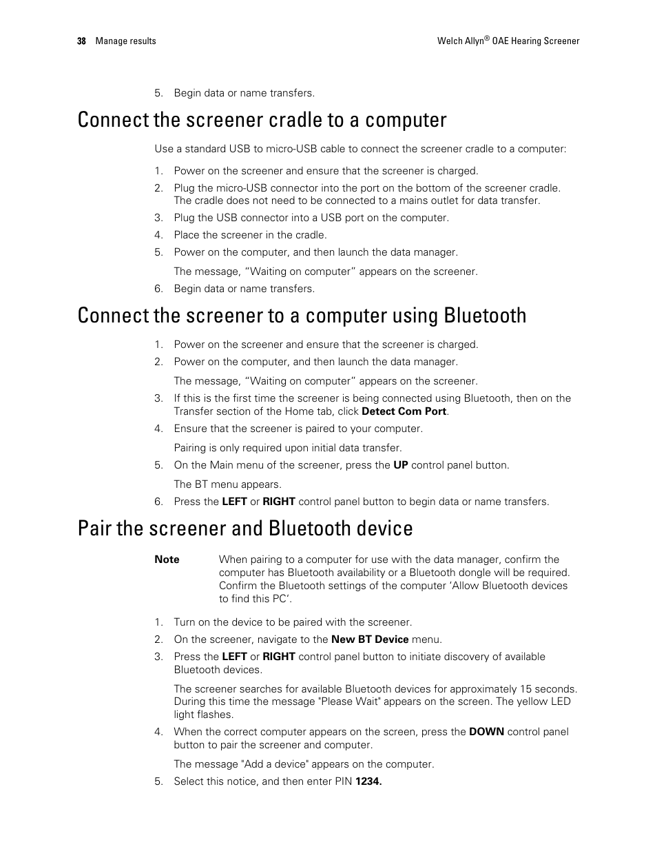 Connect the screener cradle to a computer, Connect the screener to a computer using bluetooth, Pair the screener and bluetooth device | Welch Allyn OAE Hearing Screener - User Manual User Manual | Page 42 / 62