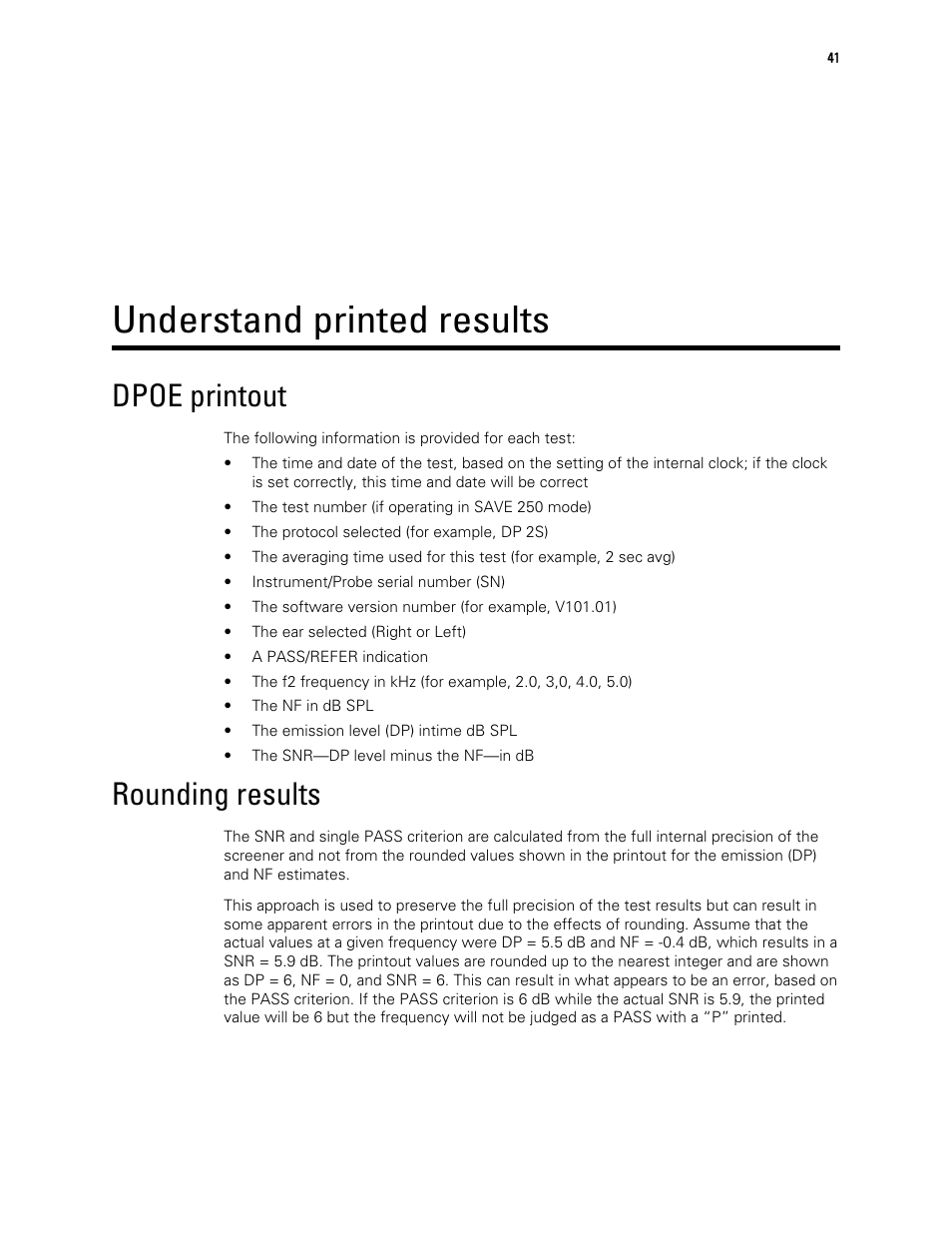 Understand printed results, Dpoe printout, Rounding results | Welch Allyn OAE Hearing Screener - User Manual User Manual | Page 45 / 62