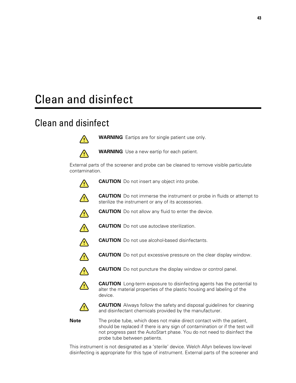 Clean and disinfect | Welch Allyn OAE Hearing Screener - User Manual User Manual | Page 47 / 62