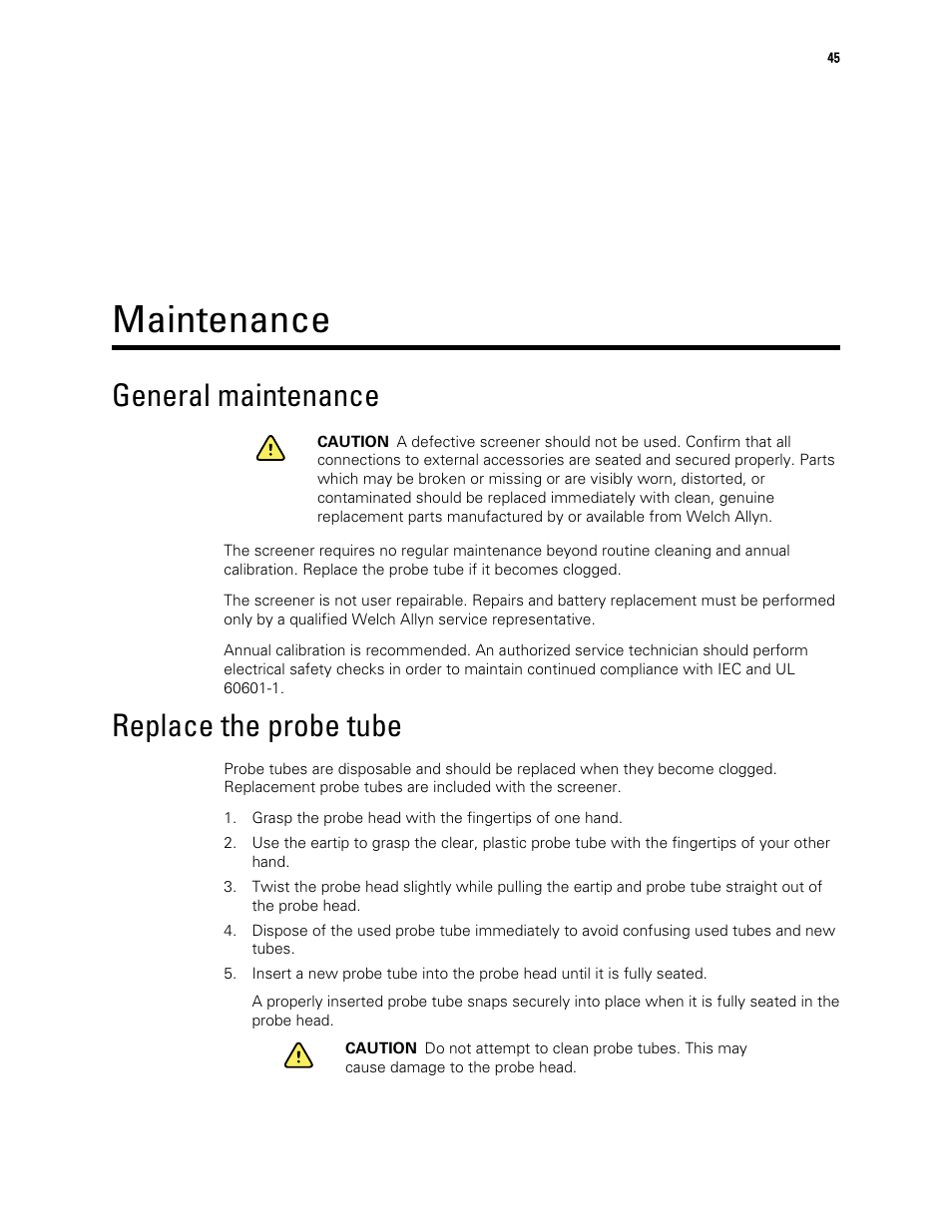 Maintenance, General maintenance, Replace the probe tube | Welch Allyn OAE Hearing Screener - User Manual User Manual | Page 49 / 62