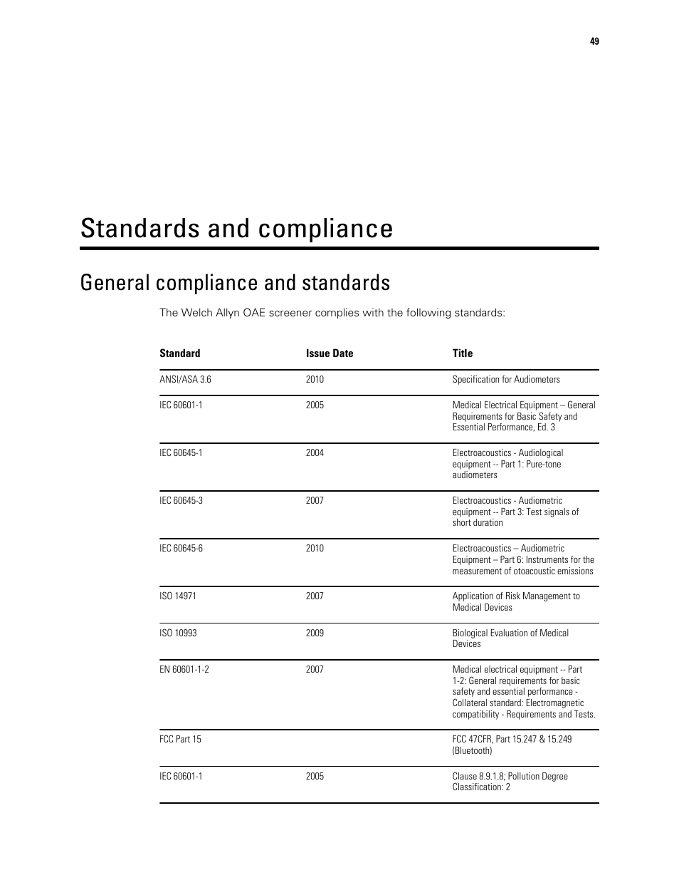 Standards and compliance, General compliance and standards | Welch Allyn OAE Hearing Screener - User Manual User Manual | Page 53 / 62