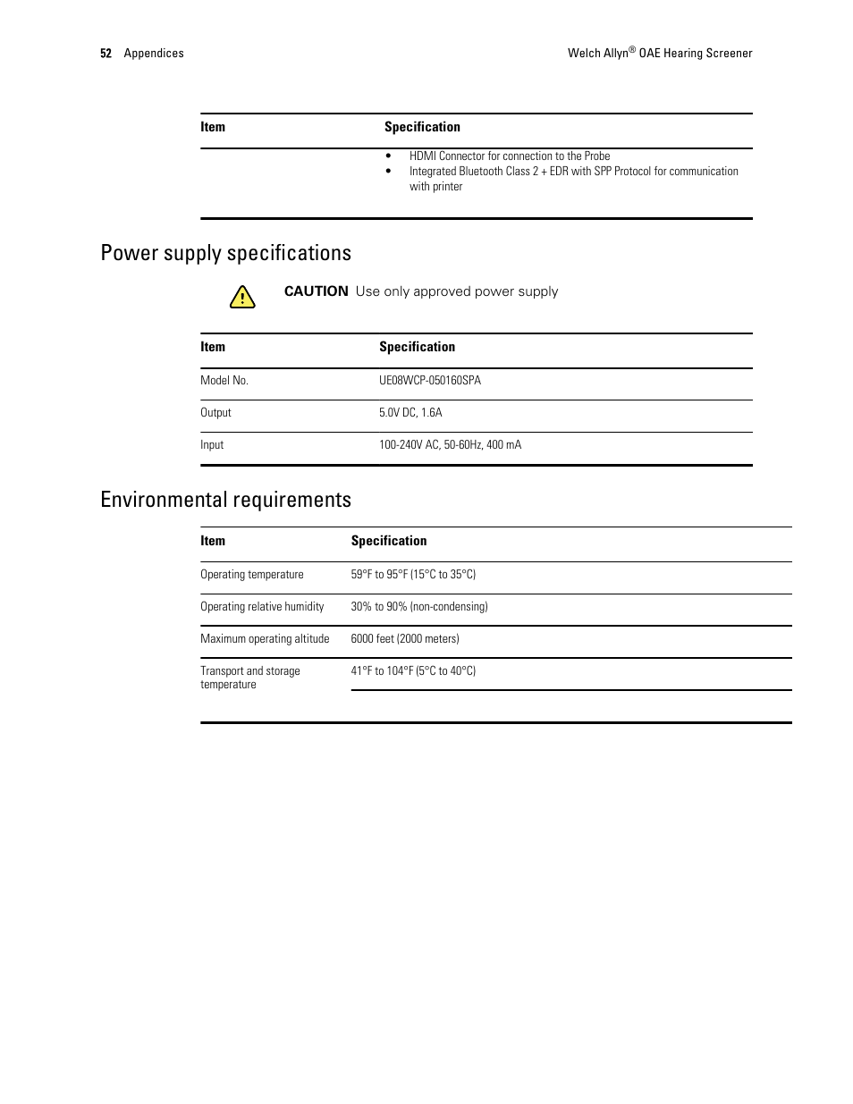 Power supply specifications, Environmental requirements | Welch Allyn OAE Hearing Screener - User Manual User Manual | Page 56 / 62