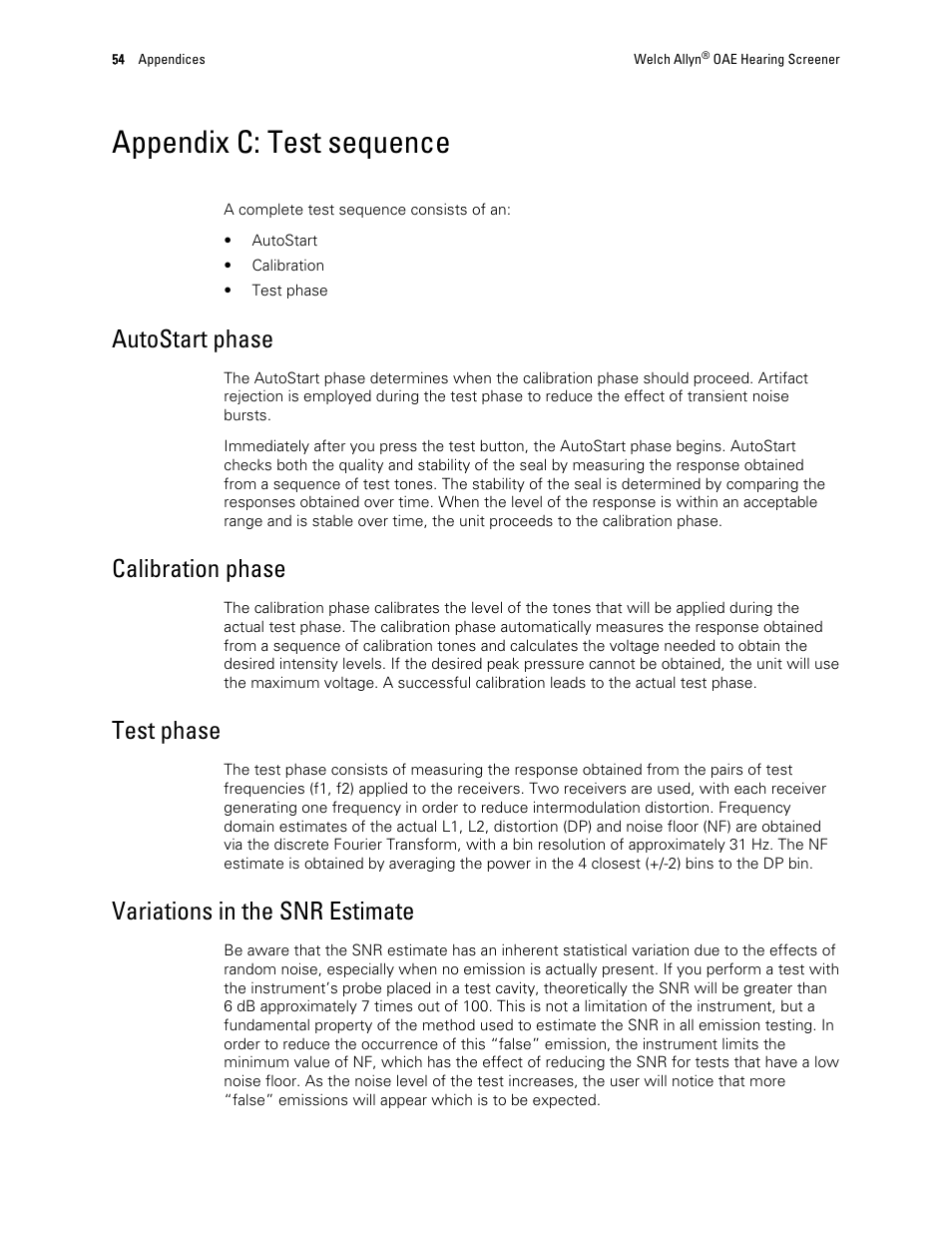 Appendix c: test sequence, Autostart phase, Calibration phase | Test phase, Variations in the snr estimate | Welch Allyn OAE Hearing Screener - User Manual User Manual | Page 58 / 62