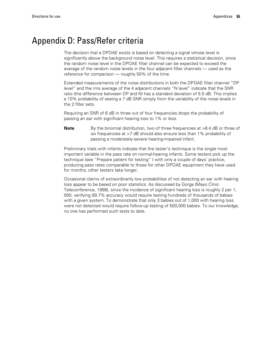 Appendix d: pass/refer criteria | Welch Allyn OAE Hearing Screener - User Manual User Manual | Page 59 / 62