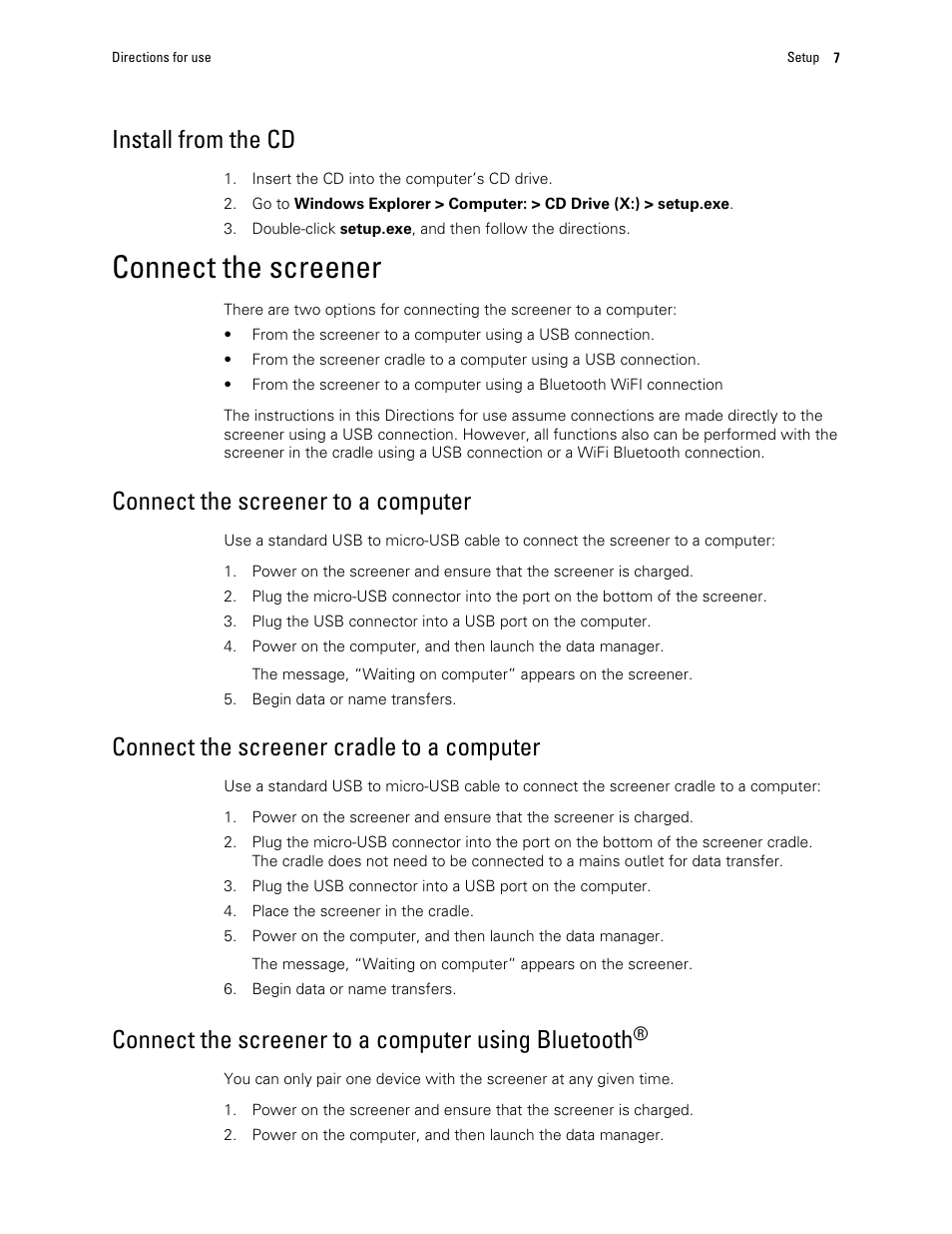 Install from the cd, Connect the screener, Connect the screener to a computer | Connect the screener cradle to a computer, Connect the screener to a computer using bluetooth | Welch Allyn OAE Data Manager - User Manual User Manual | Page 11 / 39
