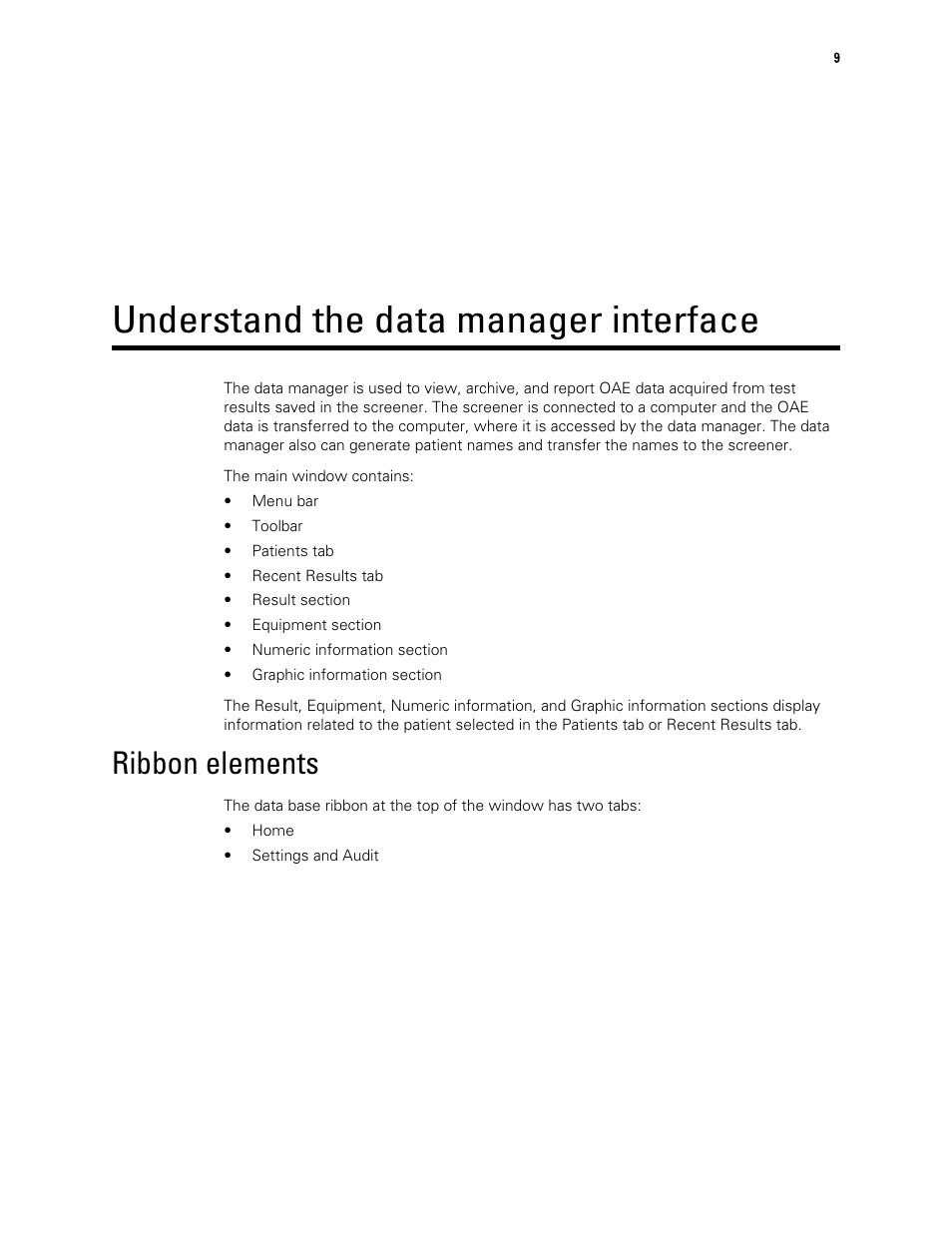 Understand the data manager interface, Ribbon elements | Welch Allyn OAE Data Manager - User Manual User Manual | Page 13 / 39
