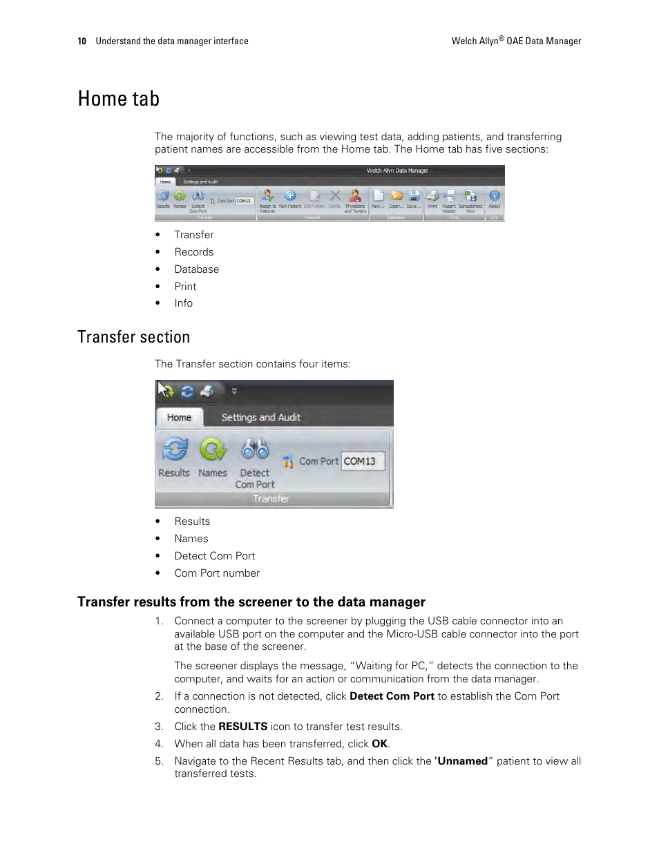 Home tab, Transfer section | Welch Allyn OAE Data Manager - User Manual User Manual | Page 14 / 39
