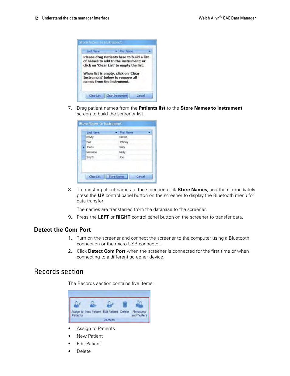 Detect the com port, Records section | Welch Allyn OAE Data Manager - User Manual User Manual | Page 16 / 39