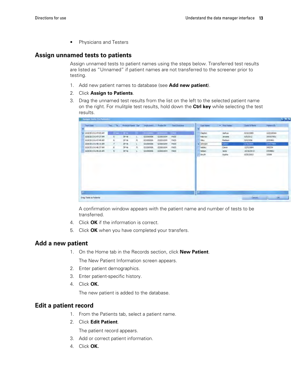 Assign unnamed tests to patients, Add a new patient, Edit a patient record | Welch Allyn OAE Data Manager - User Manual User Manual | Page 17 / 39
