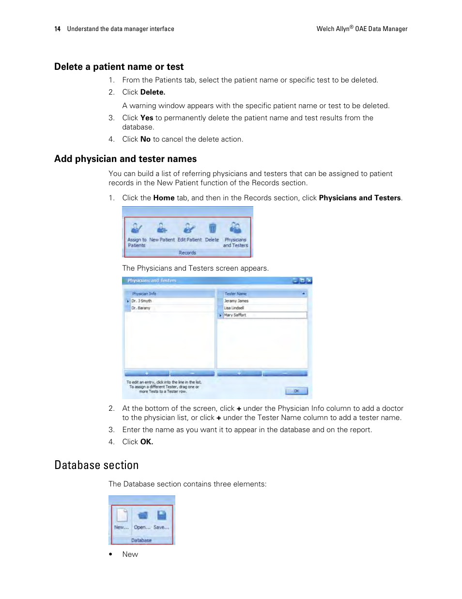 Delete a patient name or test, Add physician and tester names, Database section | Welch Allyn OAE Data Manager - User Manual User Manual | Page 18 / 39