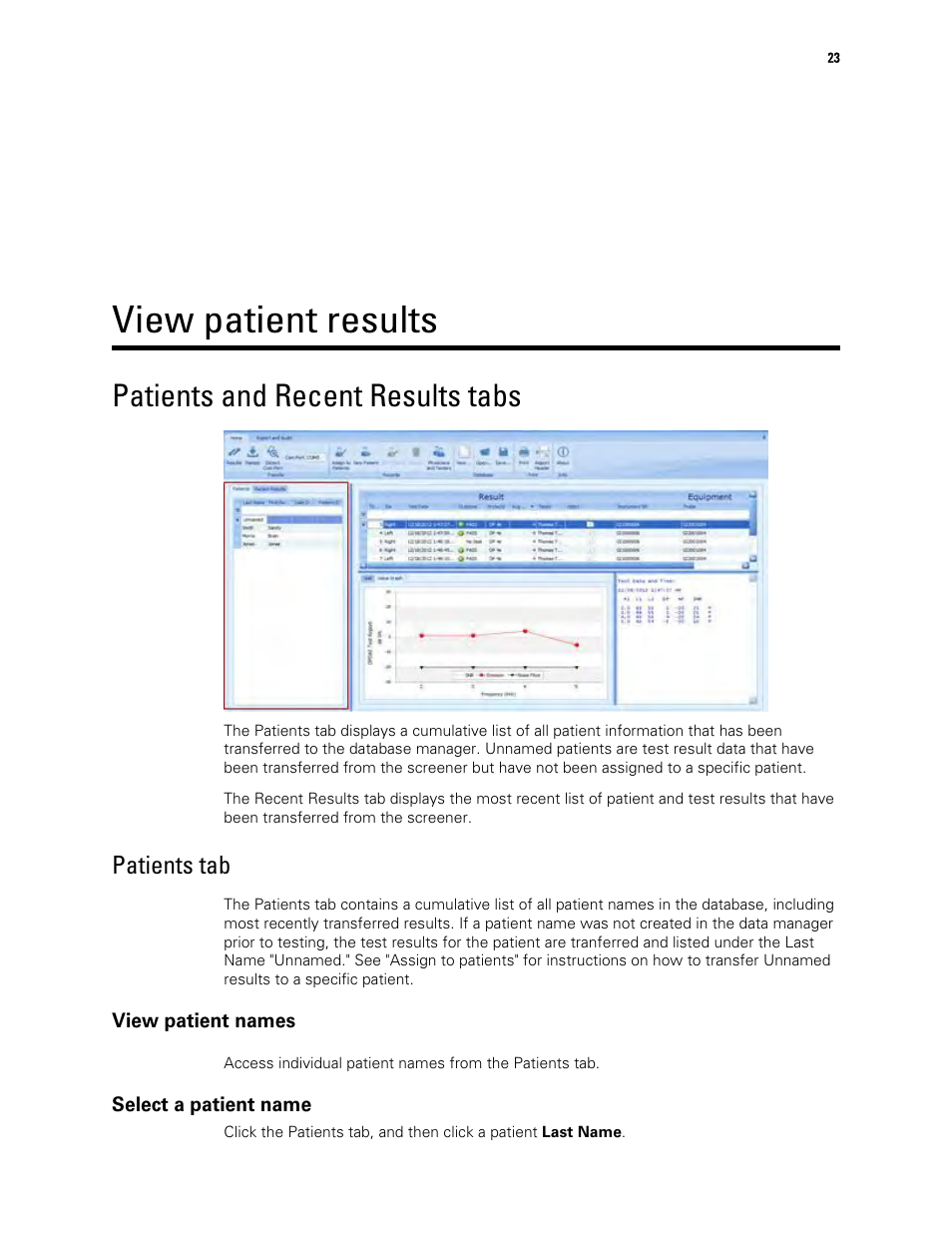 View patient results, Patients and recent results tabs, Patients tab | View patient names, Select a patient name | Welch Allyn OAE Data Manager - User Manual User Manual | Page 27 / 39