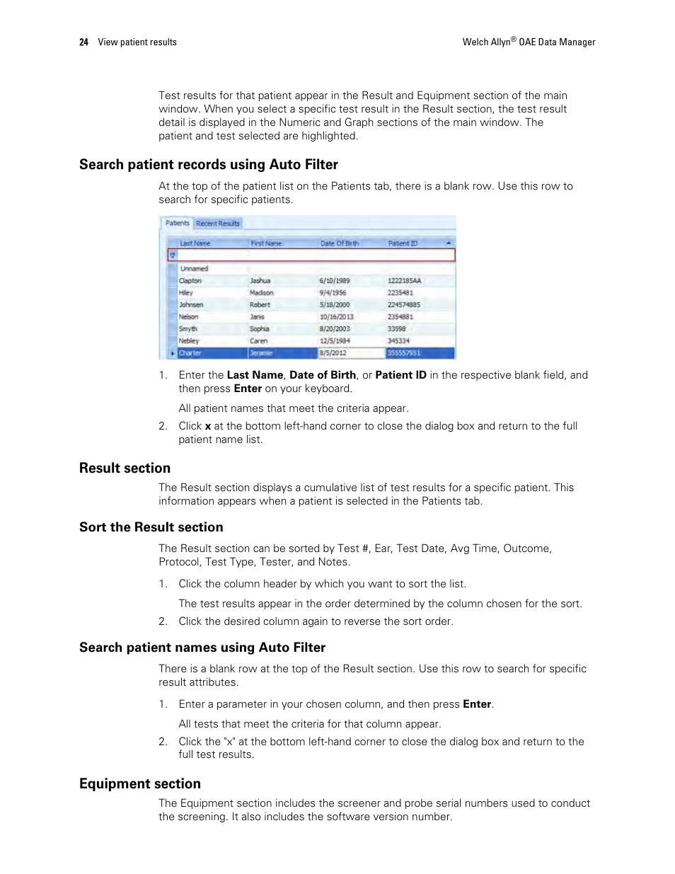 Search patient records using auto filter, Result section, Equipment section | Welch Allyn OAE Data Manager - User Manual User Manual | Page 28 / 39