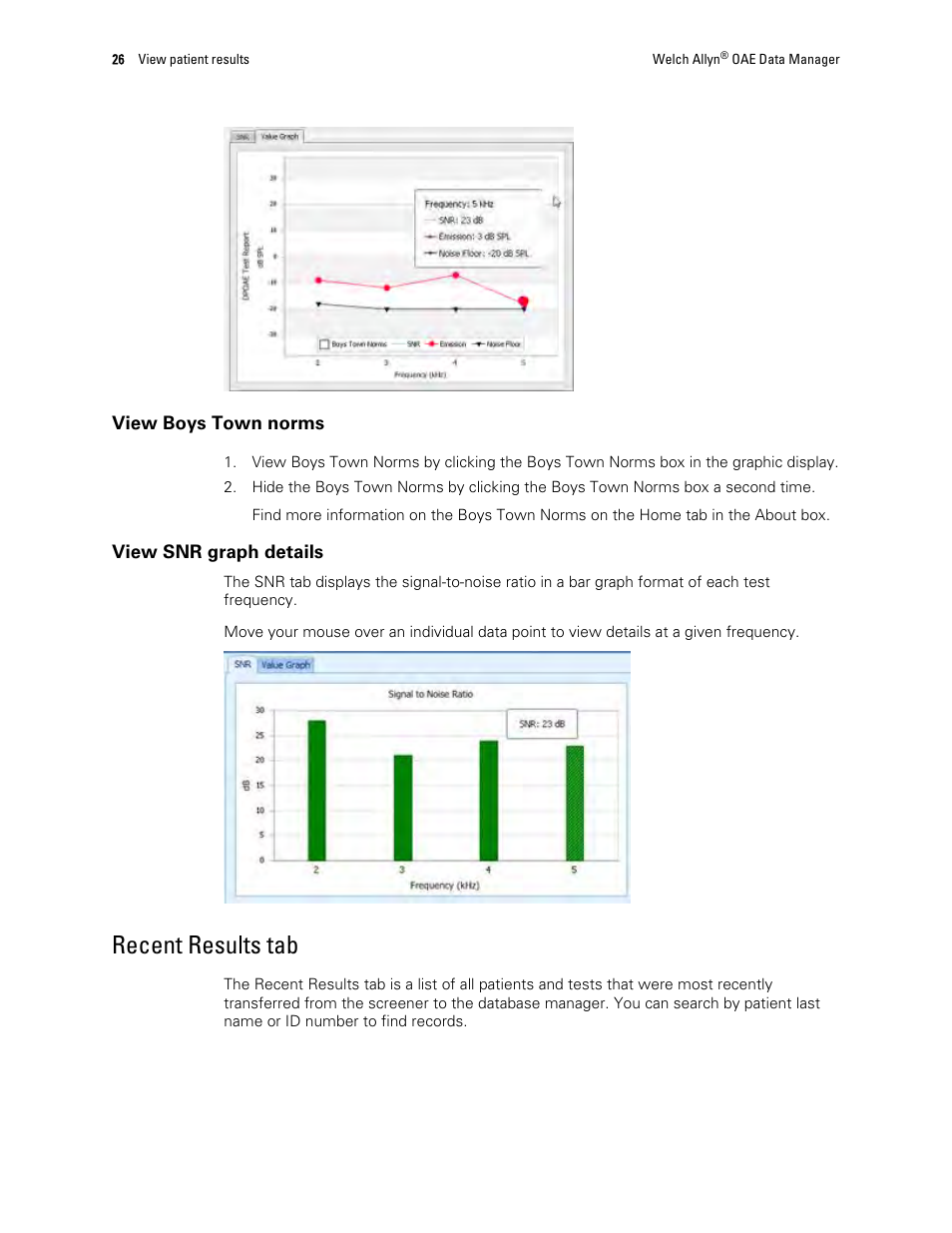 Recent results tab | Welch Allyn OAE Data Manager - User Manual User Manual | Page 30 / 39
