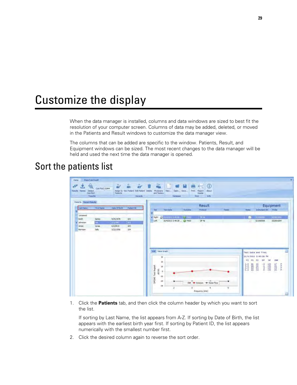 Customize the display, Sort the patients list | Welch Allyn OAE Data Manager - User Manual User Manual | Page 33 / 39