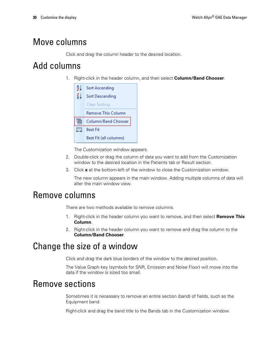 Move columns, Add columns, Remove columns | Change the size of a window, Remove sections | Welch Allyn OAE Data Manager - User Manual User Manual | Page 34 / 39