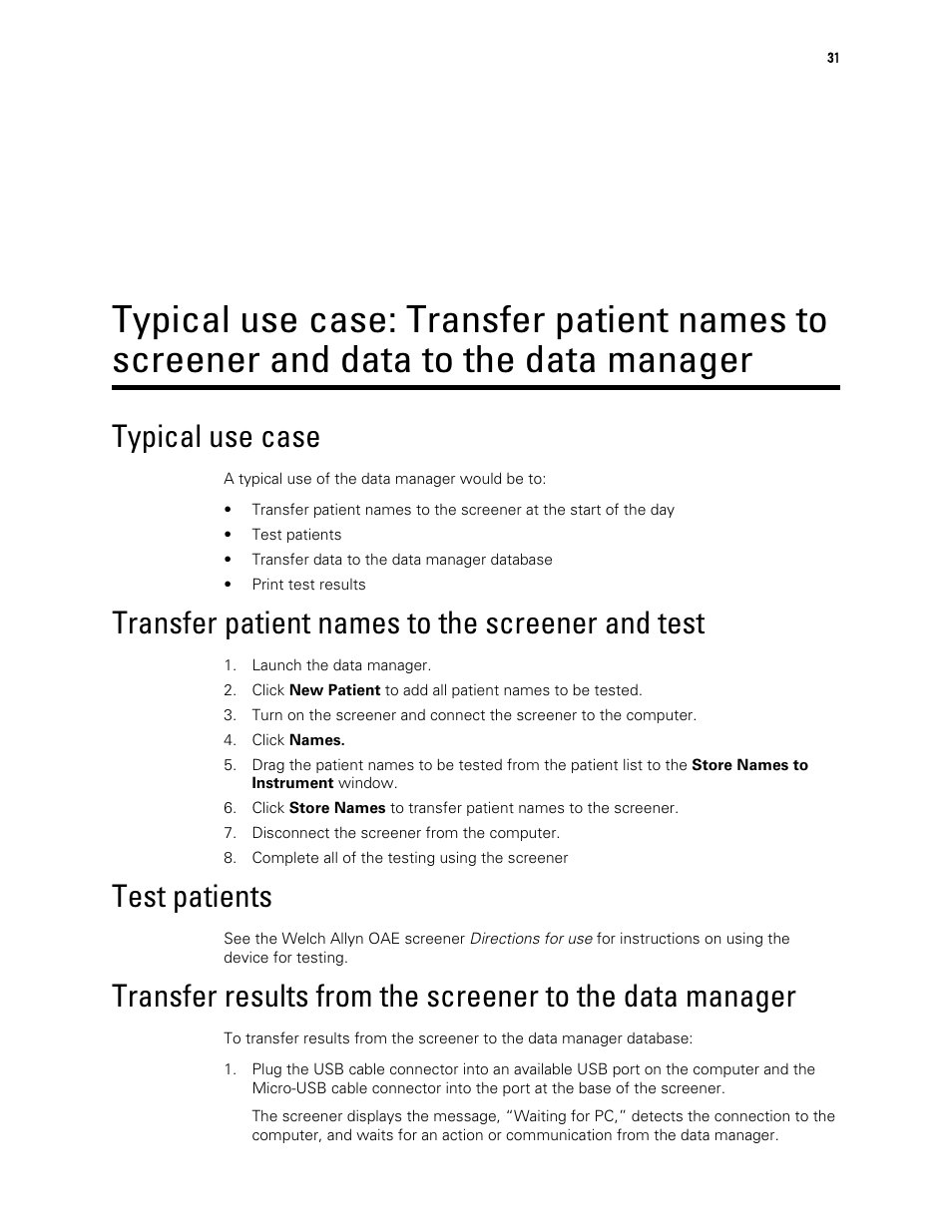 Typical use case, Transfer patient names to the screener and test, Test patients | Welch Allyn OAE Data Manager - User Manual User Manual | Page 35 / 39