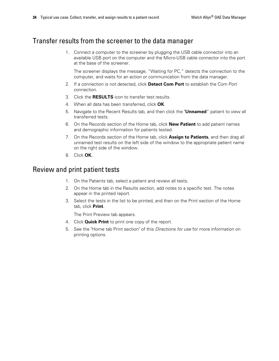 Review and print patient tests | Welch Allyn OAE Data Manager - User Manual User Manual | Page 38 / 39