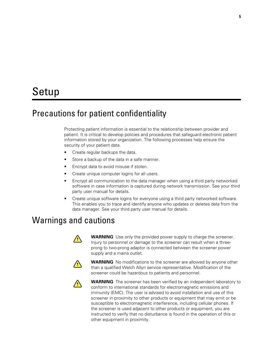 Setup, Precautions for patient confidentiality, Warnings and cautions | Welch Allyn OAE Data Manager - User Manual User Manual | Page 9 / 39