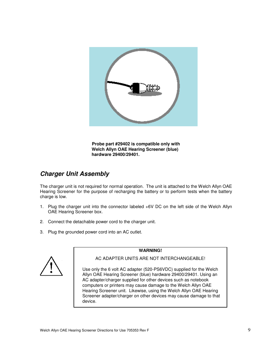 Charger unit assembly | Welch Allyn OAE Hearing Screener - User Manual User Manual | Page 10 / 56
