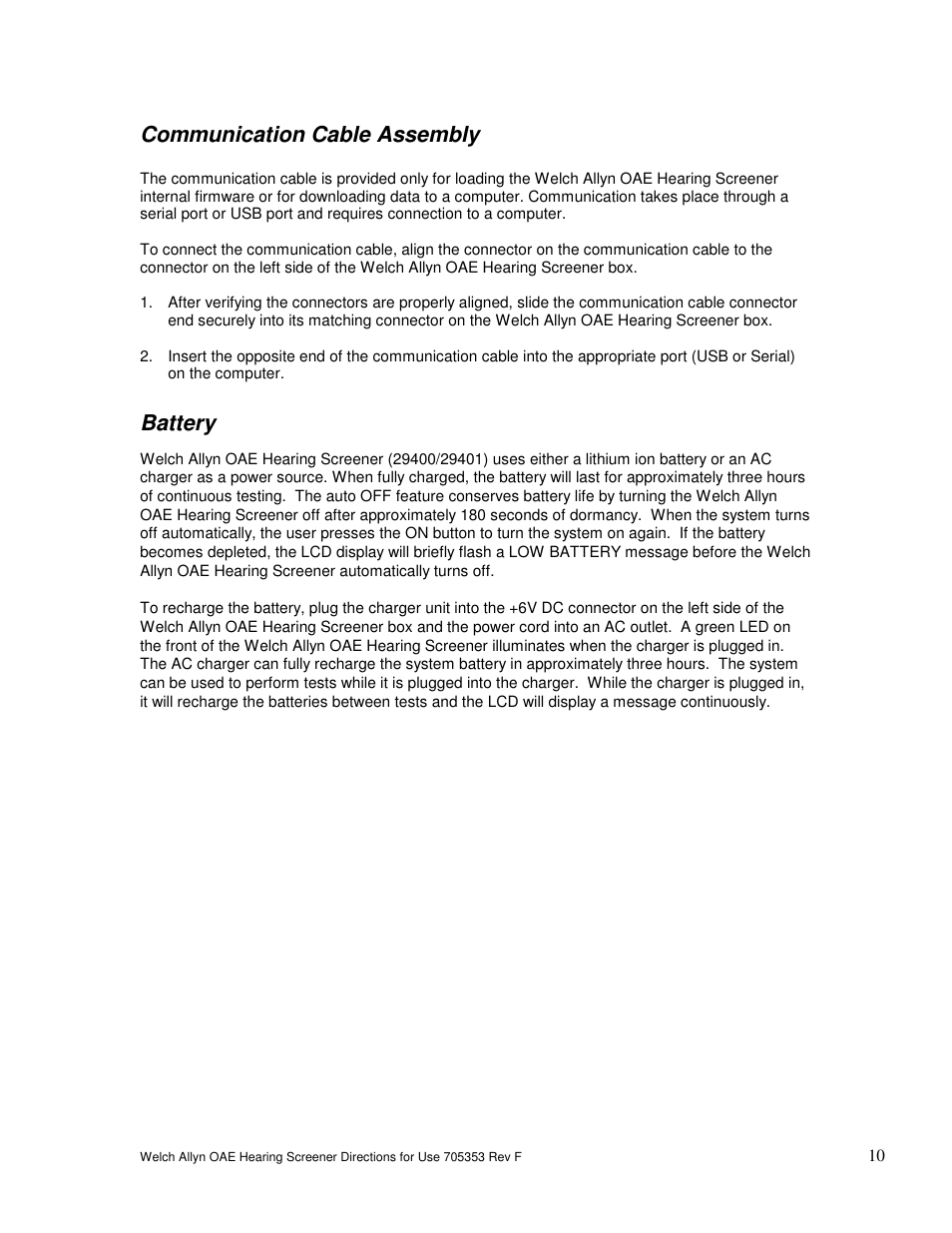 Communication cable assembly, Battery | Welch Allyn OAE Hearing Screener - User Manual User Manual | Page 11 / 56