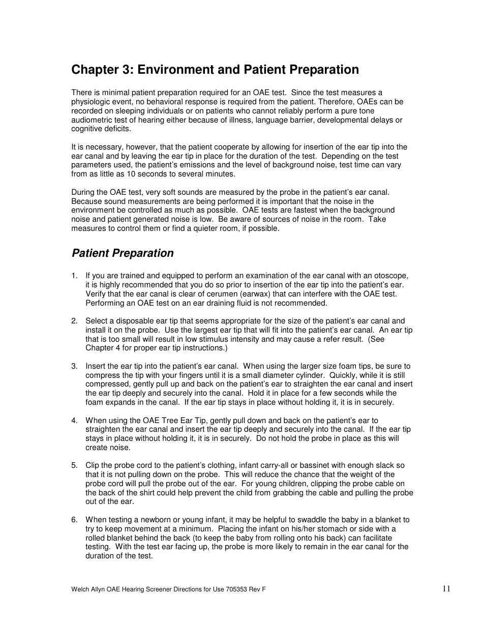 Chapter 3: environment and patient preparation, Patient preparation | Welch Allyn OAE Hearing Screener - User Manual User Manual | Page 12 / 56